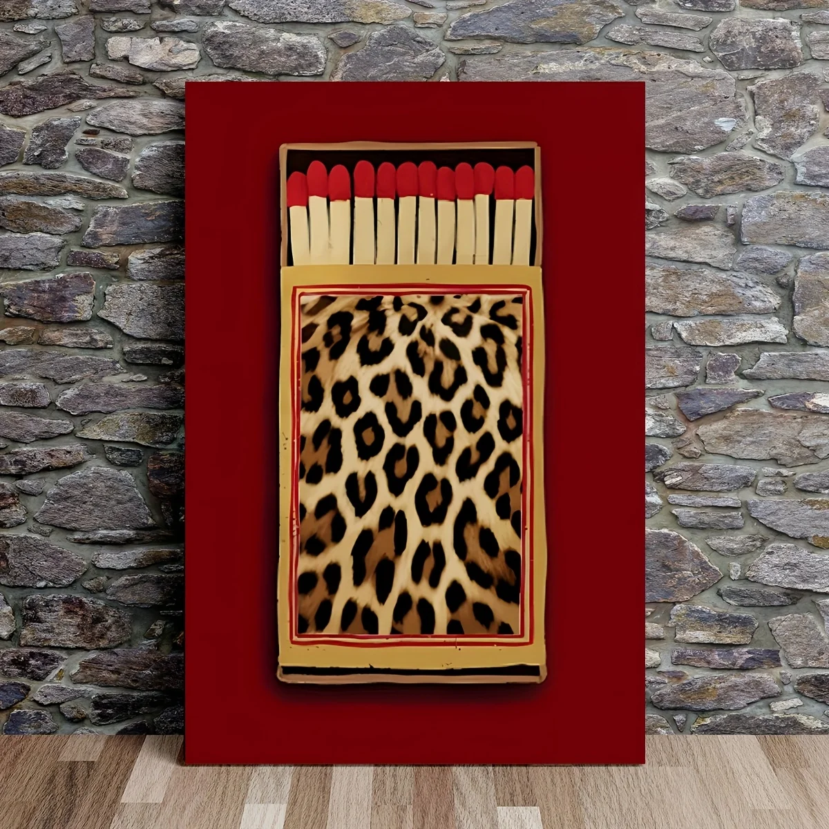 (No frame)2D Flat, 2D Flat, 1pc Wooden Framed Canvas Wall Art | Retro Leopard Print Matchbox Poster Chic Wall Art for Home, O