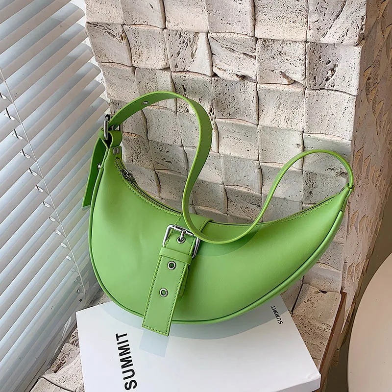 Solid color Leather Saddle Crossbody Bag for Women Underarm Bag Fashion Luxury Brand Shoulder Handbag and Purse Lady Belt Design