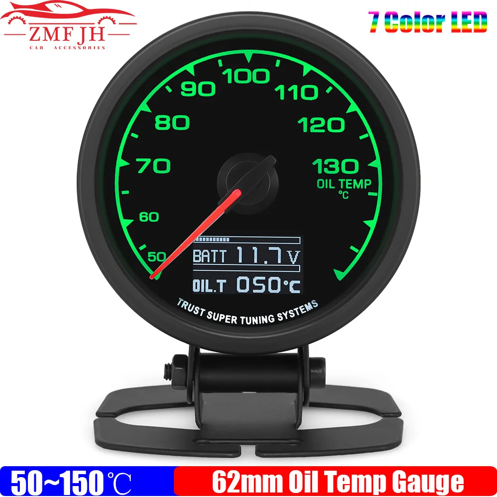 7 Color LED 62mm Oil Temperature Gauge with Sensor 1/8NPT 50~150℃ Oil Temp Meter+Holder Bracket for Gasoline Auto Car 12V