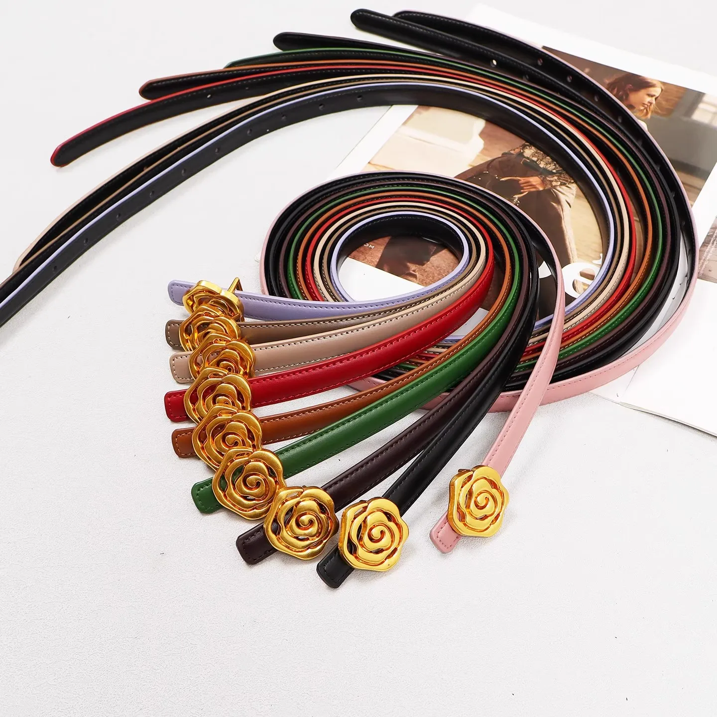 

Женские винтажные пояса из натуральной кожи с пряжкой и золотым цветком, женское платье, корсеты, поясные ремни, украшения, узкий ремень R3152