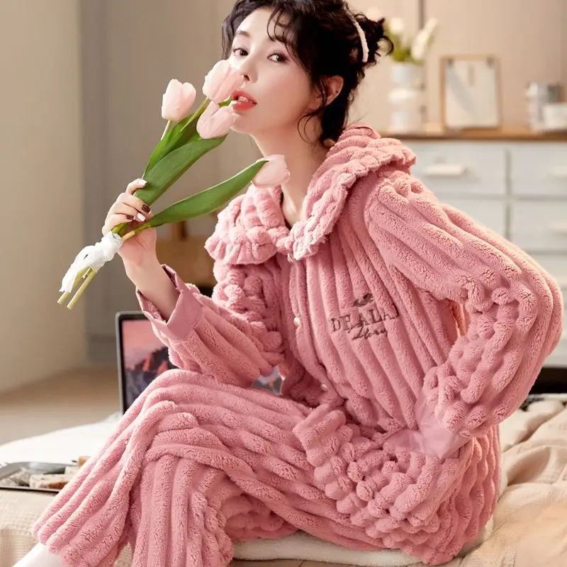 Famale Coral Velvet Pajamas Women Autumn Winter Thickened Plush Flannel Home Wear Long Sleeved Girls Cute Fashionable Sleepwear