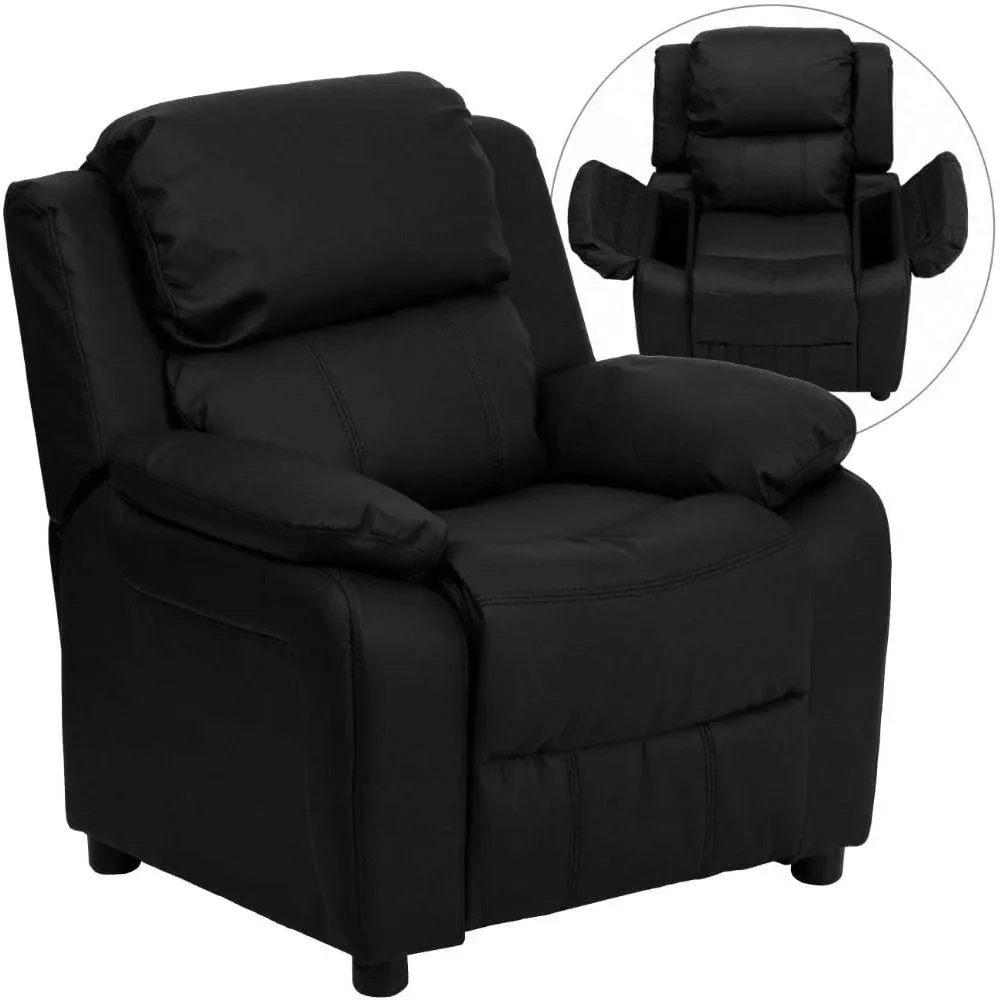 Charlie LeatherSoft Kids Recliner with Flip-Up Storage Arms and Safety Recline, Contemporary Reclining Chair for Kids