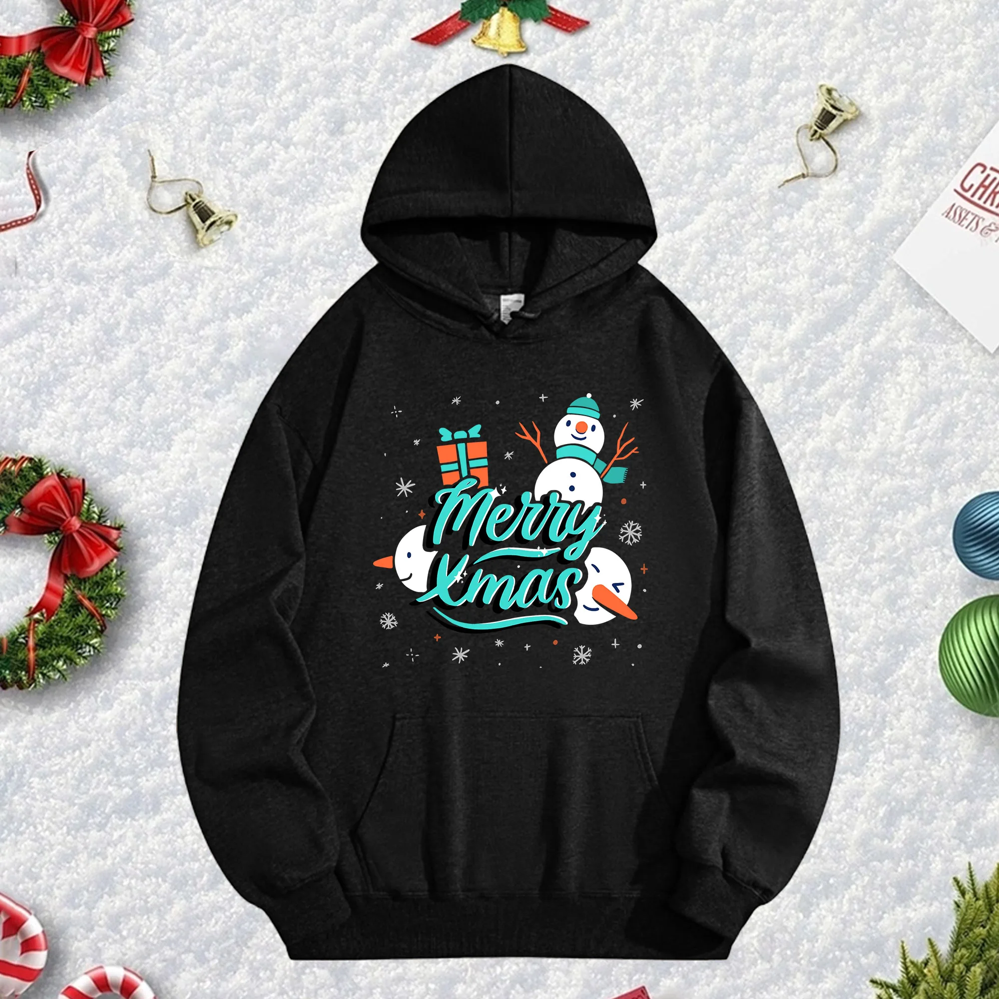 

Черная толстовка унисекс с Рождеством 270 г, уютный флисовый пуловер для зимы, рождественского и новогоднего праздничного наряда