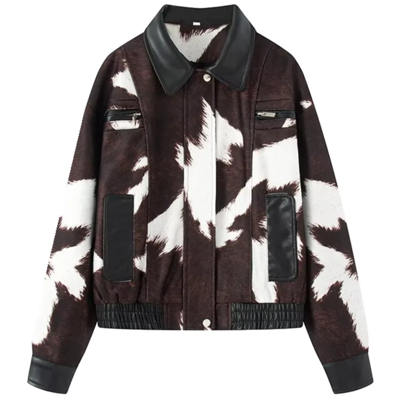 Fall 2025 Women's PU Leather ort Jaet Cow Pattern Versatile Design Sense Matching Outerwear Ladies' Faion