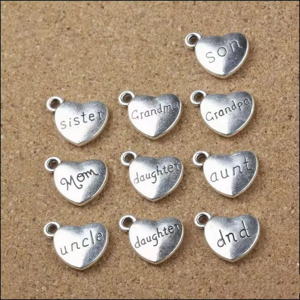 10Pcs/Lot 14*18mm Alloy Heart Family Member Mom Dad Aunt Uncle Grandpa Grandma Son Daughter Brother Granddaughter Charms