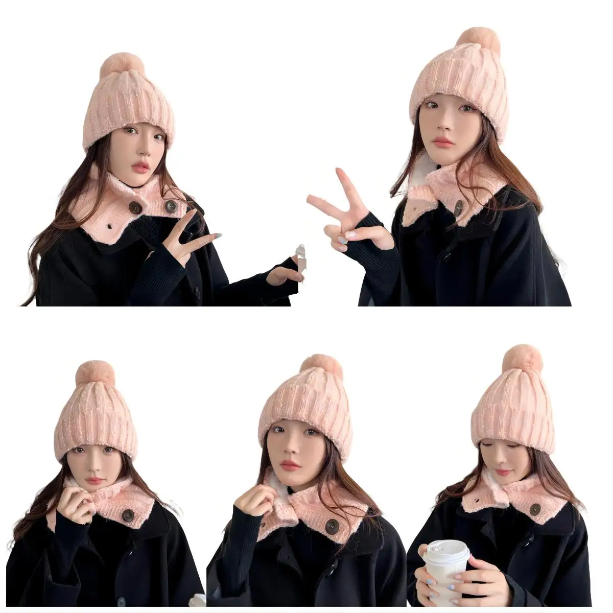 2PCS Set Winter Knitted Hat Snood Collar Two-piece Set Women Warm Neck Scarf With Button for Men Beanie Skullies With Pompon Set