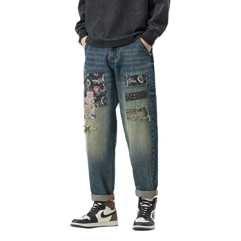 BGC9787 Tide جينز الشارع الأوروبي للرجال بقع الثقوب المكسورة ضرب رقعة الألوان اتجاه الشخصية الرجعية #5