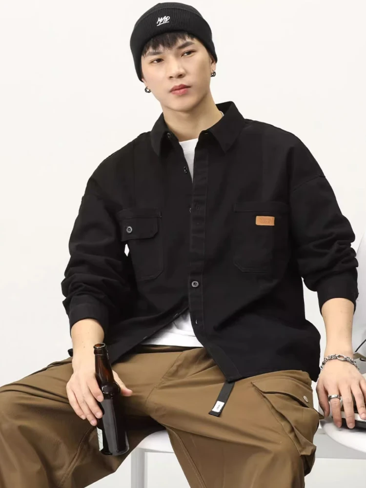 

Denim Jackets Men Simple Casual Loose Spring Autumn Solid Color Pocket Fashion Popular American Style Male Outerwear Streetwear