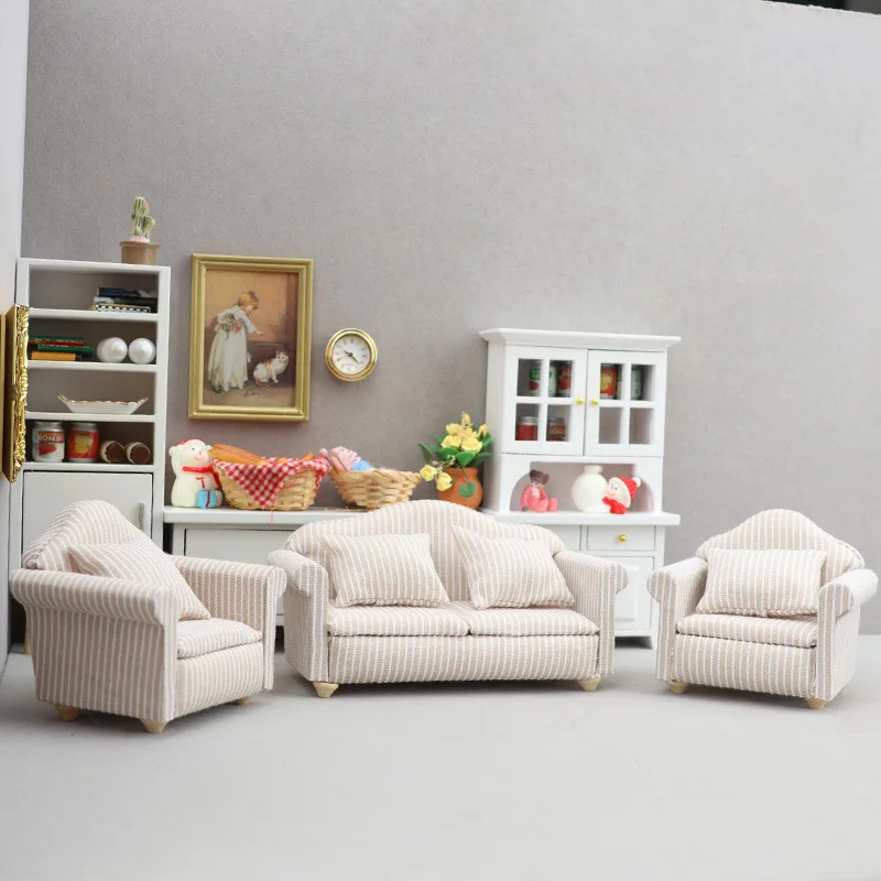 1:12 dollhouse Mini furniture living room furniture white striped beige sofa three-piece set