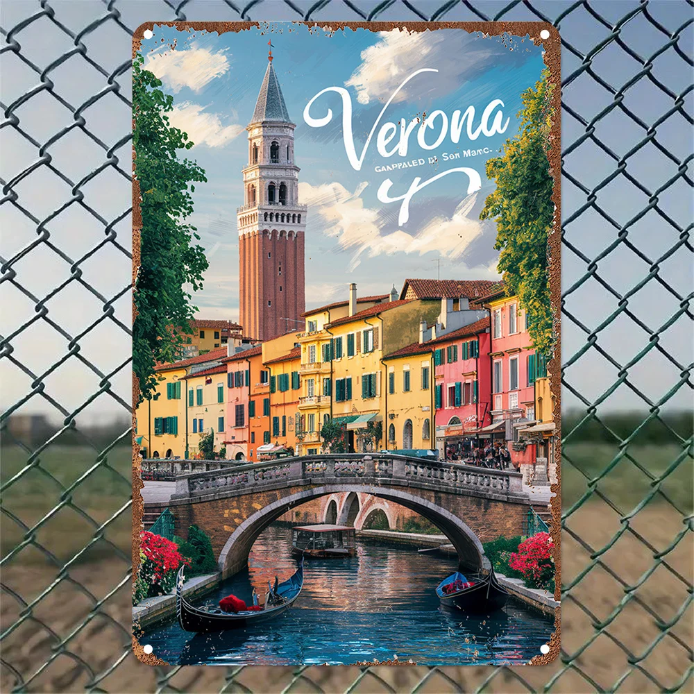 Verona vista panorâmica sinal de alumínio de metal vintage, decoração de arte de parede de ponte de gôndola para jardim, quarto, garagem-decoração de natal