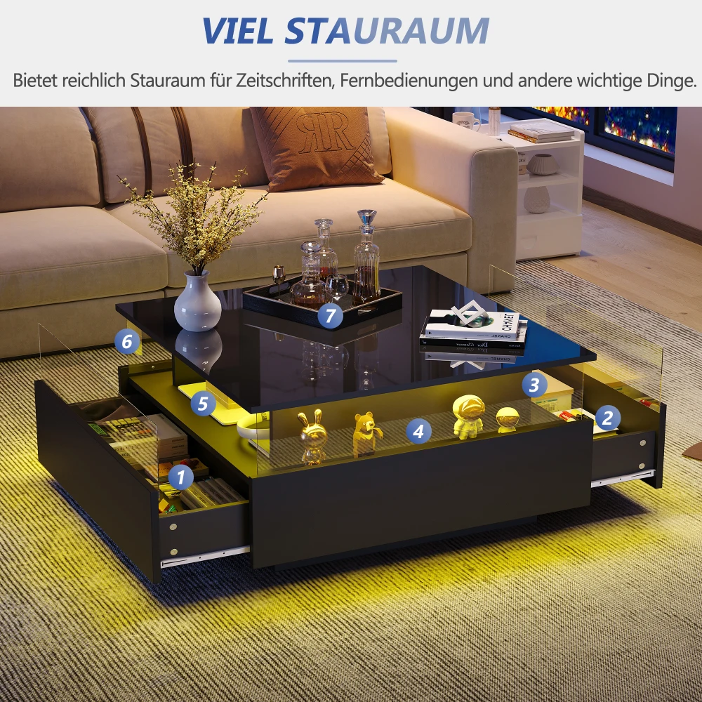 70 x 70 x 41 cm großer moderner Hochglanz-LED-Couchtisch mit 2 Schubladen und transparentem Präsentationsbereich, belastbar bis zu 30 kg – Detail 9