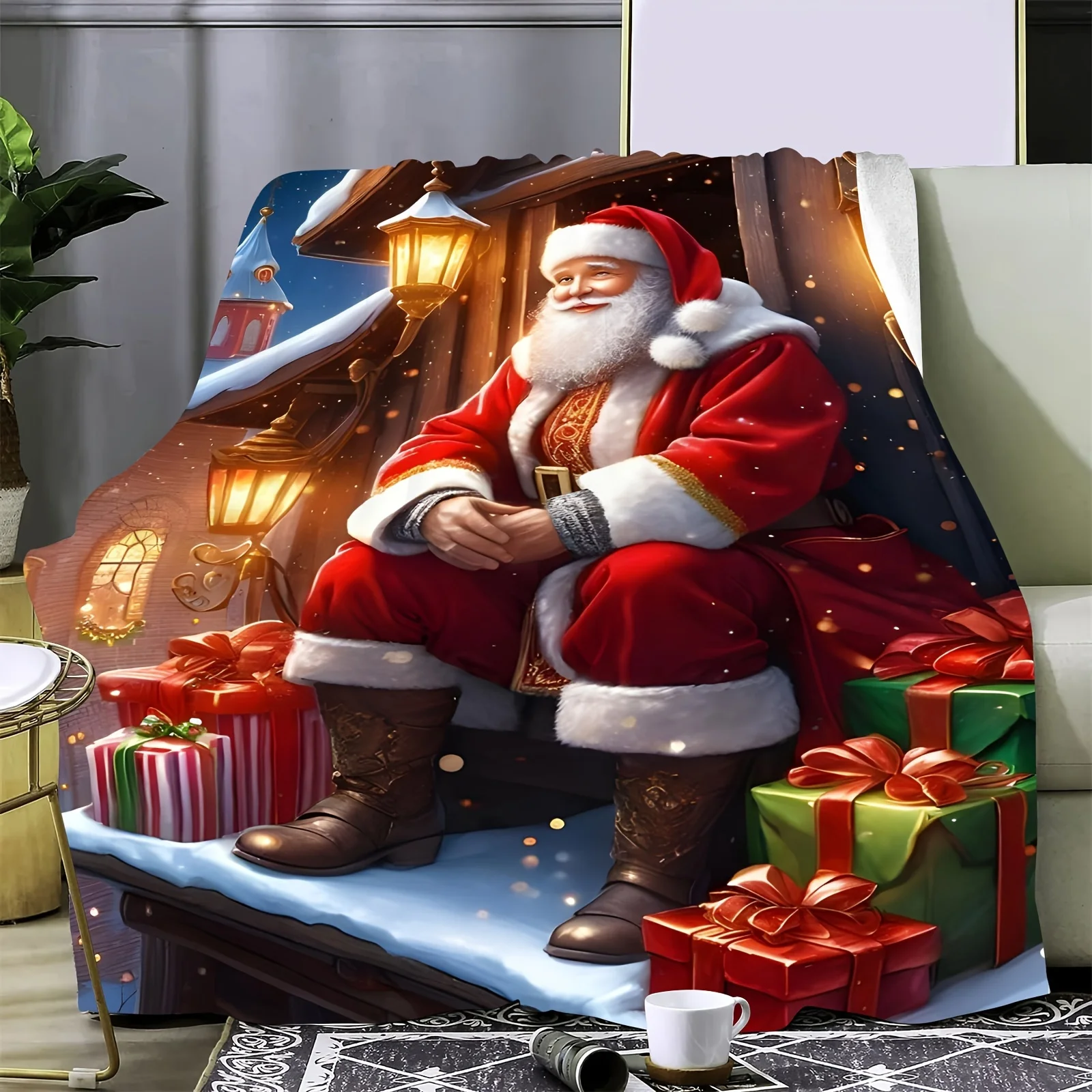 Santa Claus Reindeer Snowy Night Fairy Tale Scene Throw Blanket for Living Room Classic Holiday Print Blanket Accent