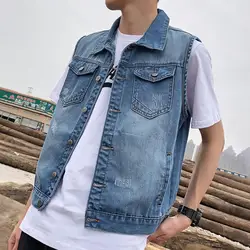 Men Denim Vests 2023 Spring Summer Ripped Long Hole Jeans WaistcoatFashion Sleeveless Casual Jacket Outerwear