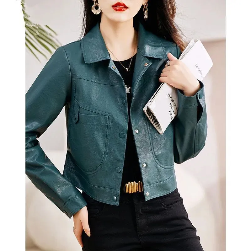 짧은 가짜 PU 가죽 코트 여성 봄 가을 새로운 패션 긴 소매 포켓 기관차 재킷 여성 느슨한 겉옷 B1409