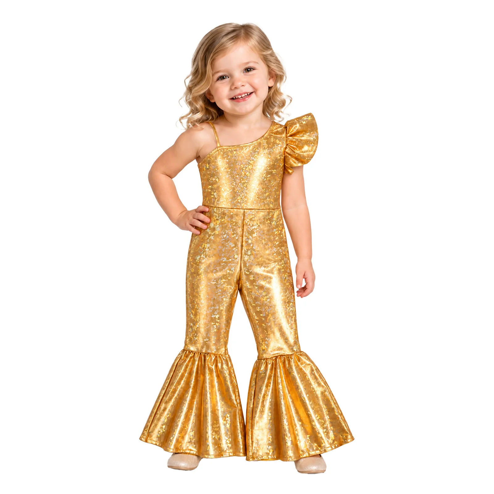 Toddler Baby Girls Glittery Metallic Romper Asymmetrical One Shoulder Ruffled Sleeve Adjustable Strap Bell-bottom Jumpsuit
