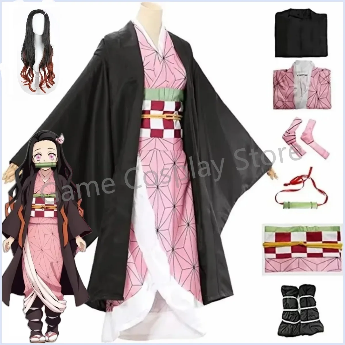 

Anime Nezuko Cosplay Kamado Nezuko Cosplay Costume Nezuko Wig Uniform with Props for Adult Kids Halloween Carnival Costumes