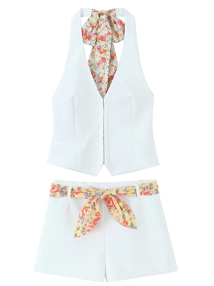 

KUCLUT Women Fashion 2 Piece Set White Bow Lace Up Halter Neck Vest & Vintage Side Zipper Skirt Shorts Female Chic Shorts Set