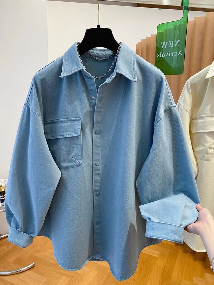 เสื้อคลุมยีนส์สีชมพูแบบเรียบง่ายสำหรับผู้หญิง ทรงหลวม ผ้าฝ้าย แขนยาว กันลม แฟชั่น ฤดูใบไม้ผลิ ฤดูใบไม้ร่วง สินค้ามาใหม่