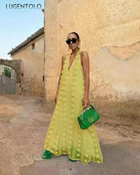 Women Bohemia Dress Vacation Sexy V-neck Halter Big Swing Summer Lady Casual Sleeveless Elegant Pullover Long Clothing