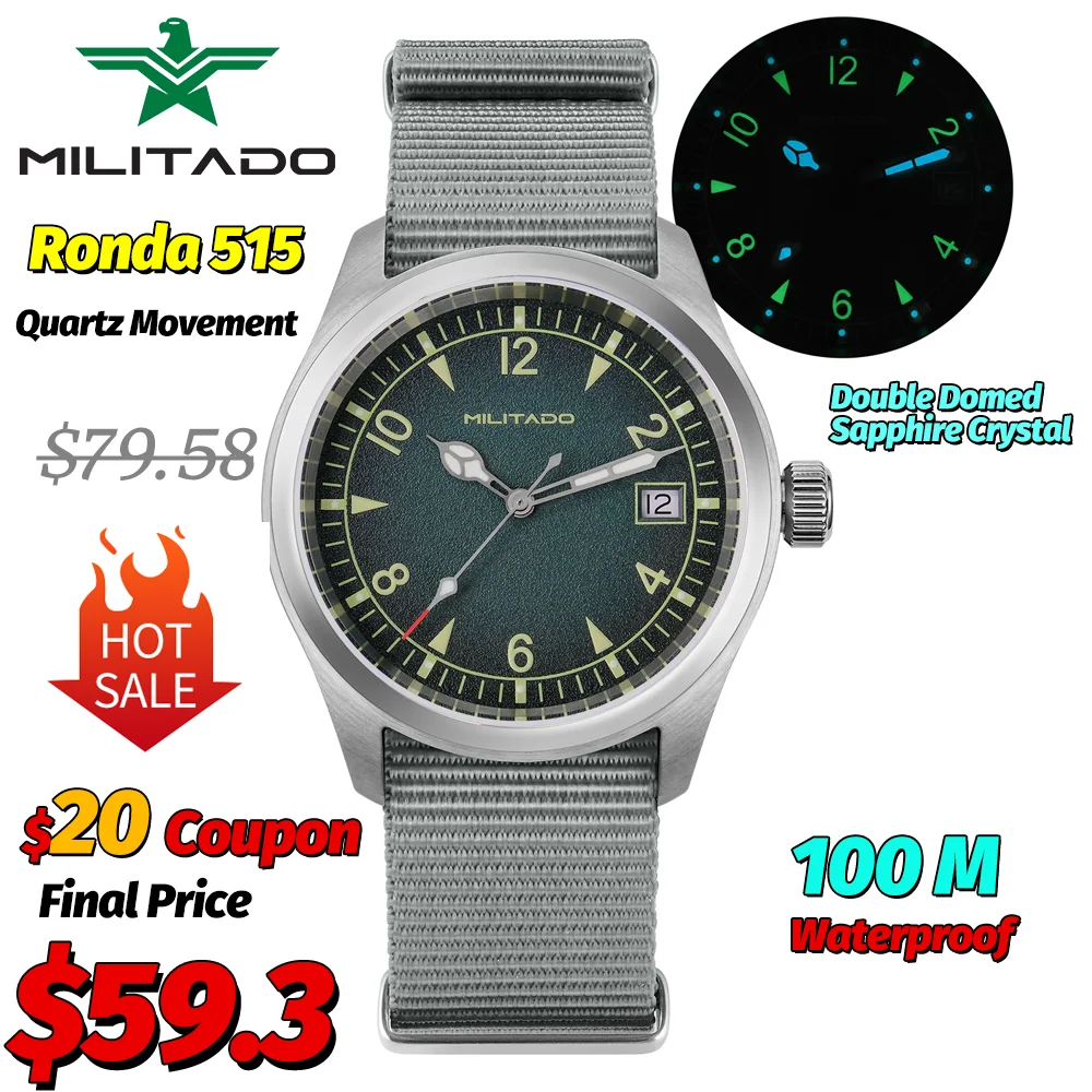 

Militado ML08 New Vintage Quartz Watches Ronda 515 With Date Luminous Ar Sapphire Crystal 100 Waterproof 38Mm Green Wrist Watch