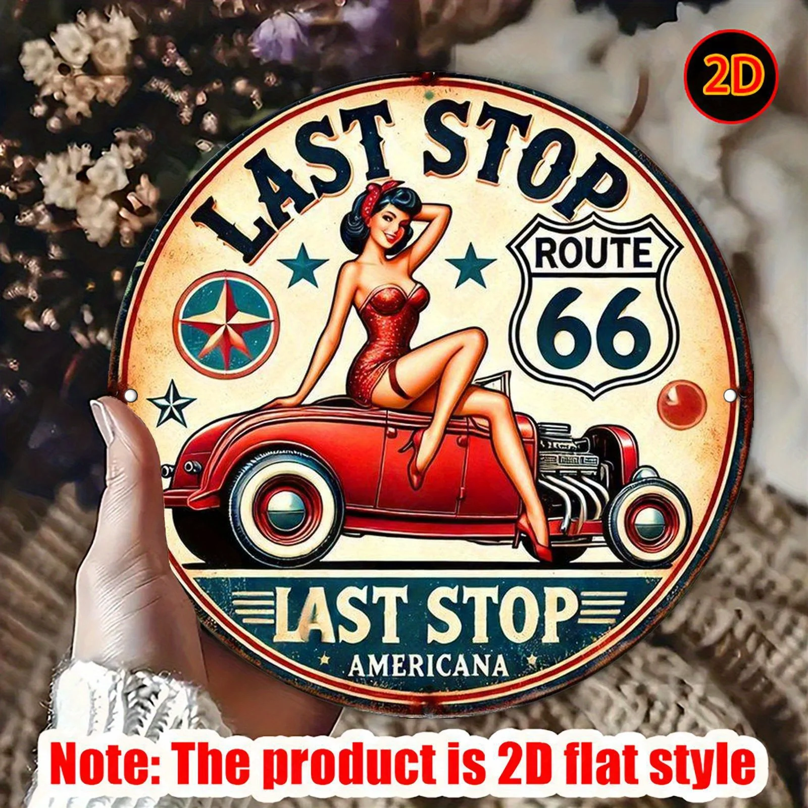 2D Flat, Vintage Route 66 Metal Wall Art - Retro Americana Aluminum Sign with Last Stop &Classic Car Design, 20x20cm/7.87x7.87in