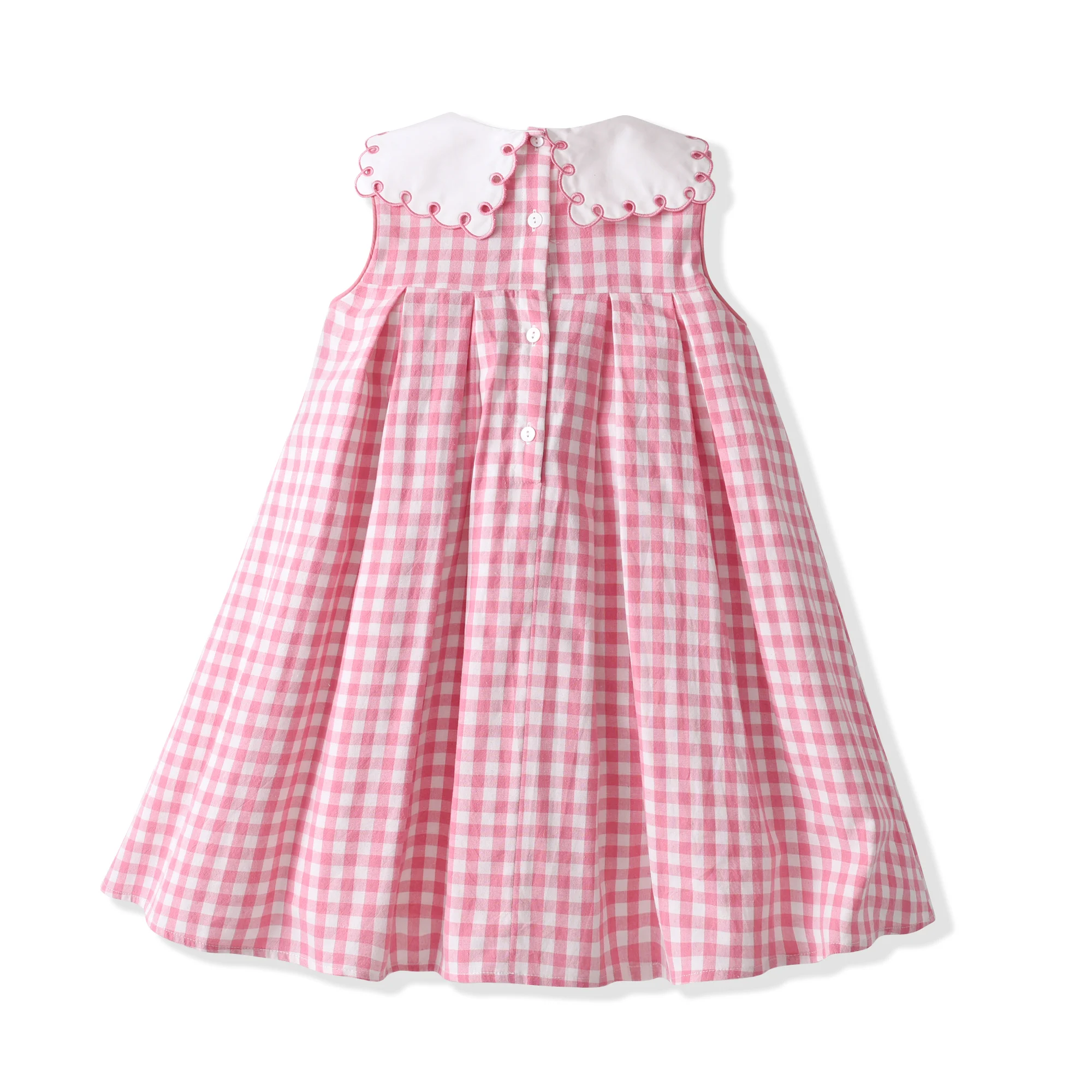 Pink Color Gingham Embroidered Sleeveless Cute Girl Dress Summer Holidays Party Baby Girls Dresses Birthday Clothing For Kids