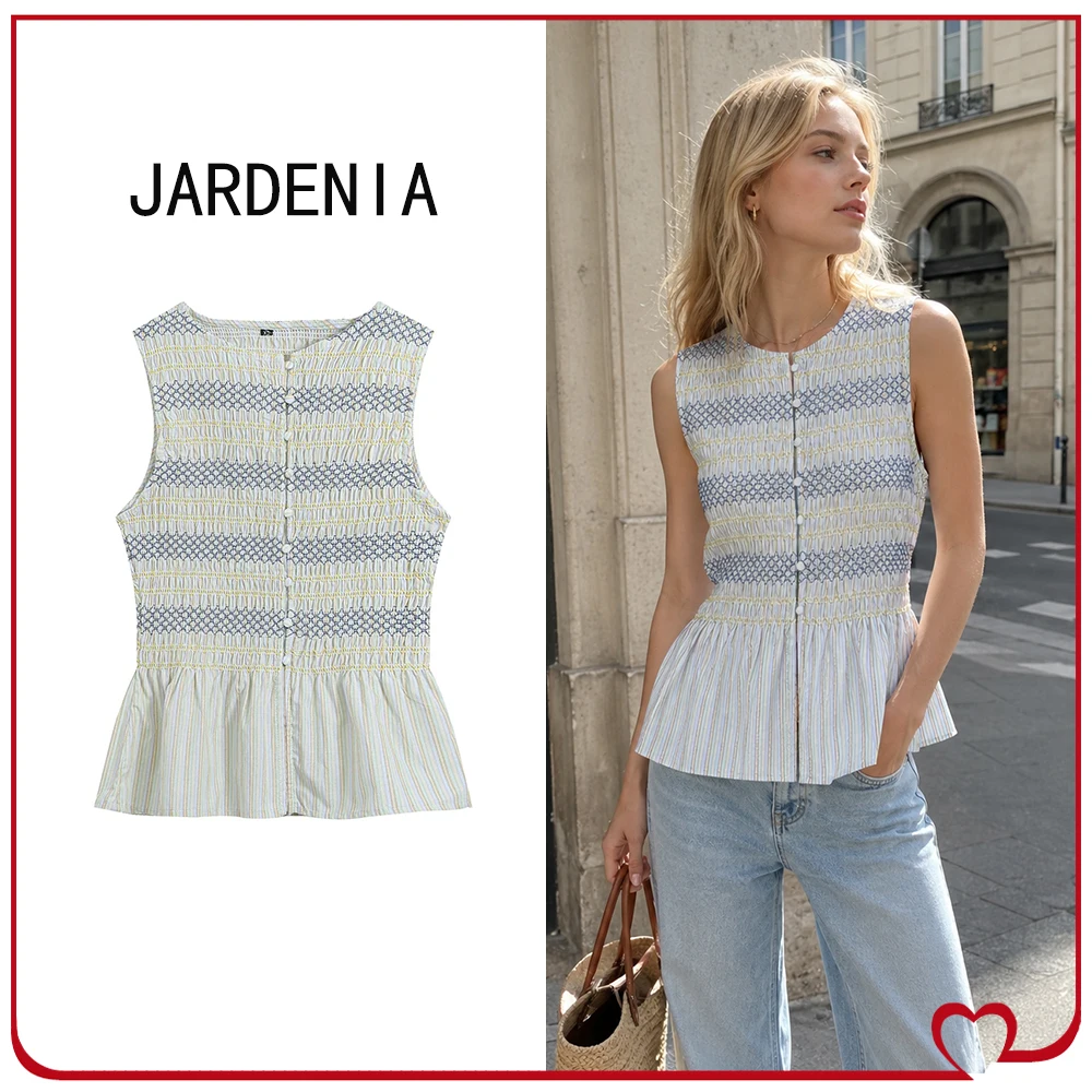 Elegant Chic Smocked Embroidered Tops for Women New in Summer Sleeveless Tops Multicolored Round Neck Tops with Covered Buttons