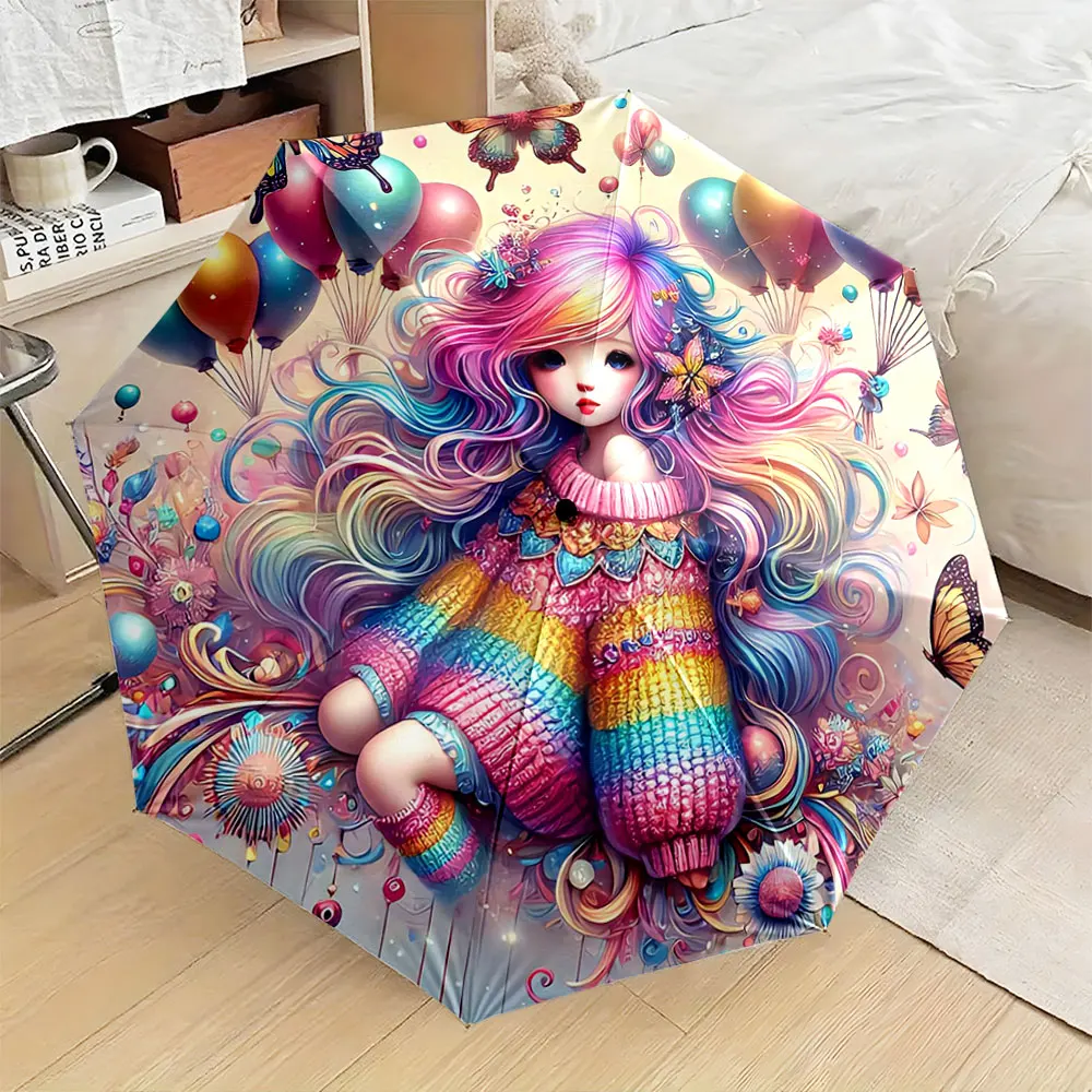 Rainbow Hair Fantasy Girl Balloon Butterfly Floral Print Compact Folding Travel Parasol Whimsical Cute Art Decorative Present