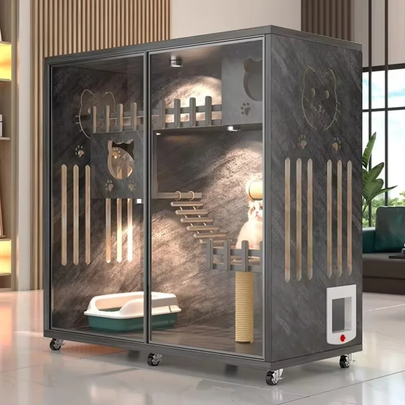 Customizable Cat Cabinet Modern Design Cat Villa Wood and Glass Pet House for Multiple Cats