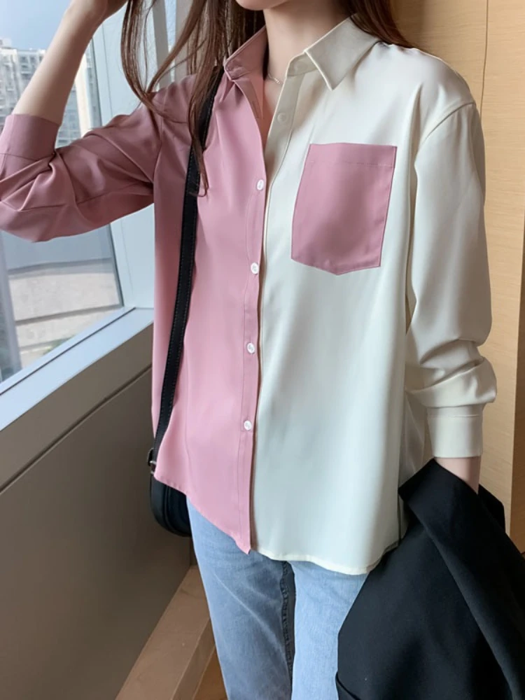 

Свободная женская блузка в стиле пэчворк, весна 2026, новая модель, с отложным воротником, из шифона, базовый топ для создания многослойных образов, подходит для любого стиля