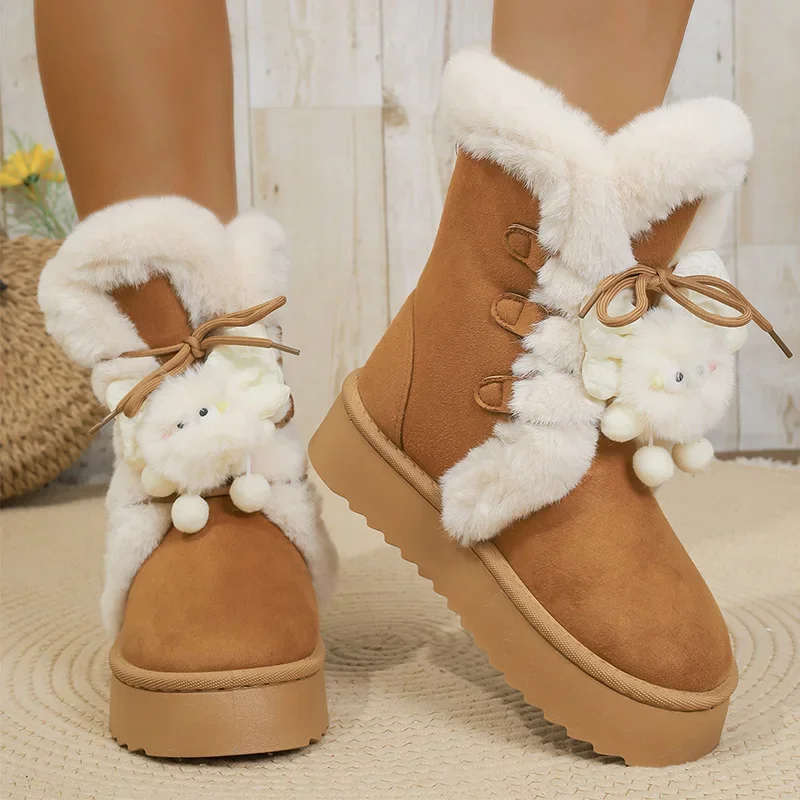 الدافئة رشاقته أفخم الثلوج أحذية النساء 2025 الشتاء لطيف الكرتون سميكة القاع حذاء من الجلد امرأة فو الجلد المدبوغ عدم الانزلاق أحذية قطنية #2