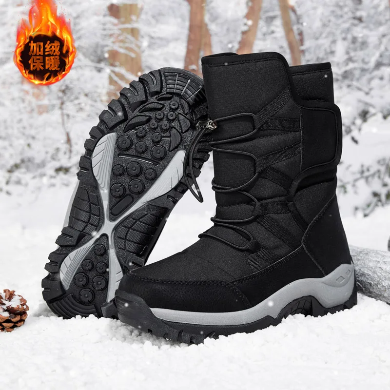 High quality mid calf cotton snow boots for men waterproof lace up 2025 winter outdoor hiking fur plush warm shoe black grey