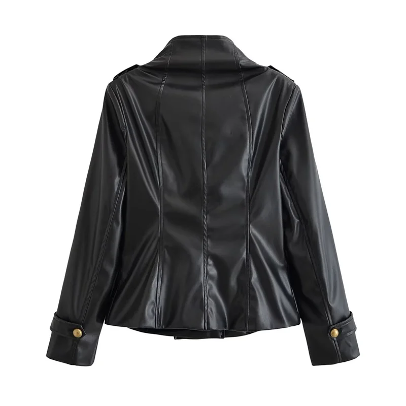 Guobioziy 2026 Fall/Winter New  Women's Jacket Black Long Sleeve Stand Collar Faux Leather Biker Style Double-Breasted Simple