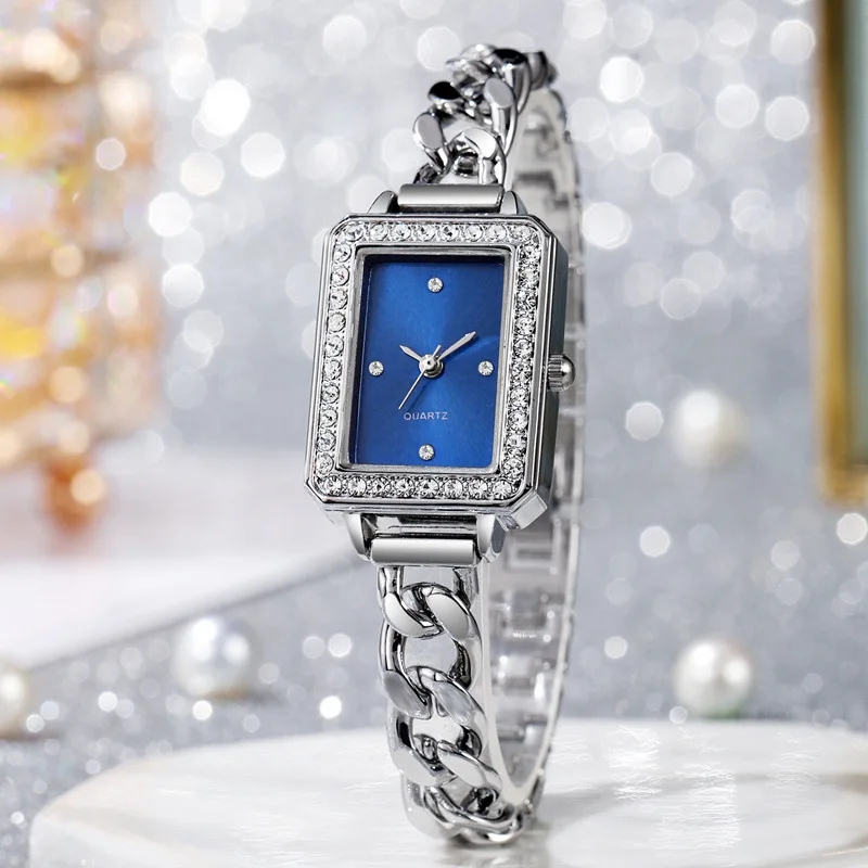 New Rhinestone Rectangular Dial Watch Luxury Chain Small Gold Quartz Wristwatches Fashion Simple Design Girls Clock Gift Relojes