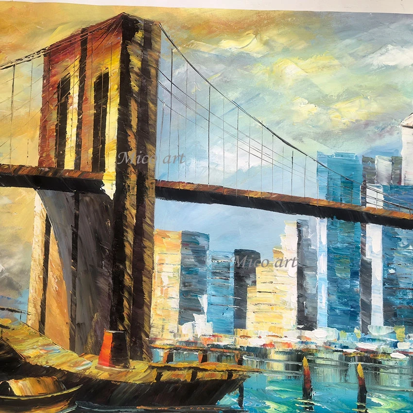 Bridge Scenery Abstract Decor Paintings Frameless Modern Canvas Poster 3D City Building Art Textured Hand Drawing Wall Picture