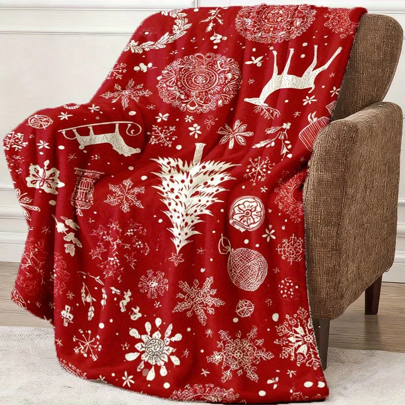 Winter Xmas Throw Blanket Red White Reindeer Snowflake Doodle Print Soft Flannel for Kids Room Sofa Lap Holiday Theme Decor Gift