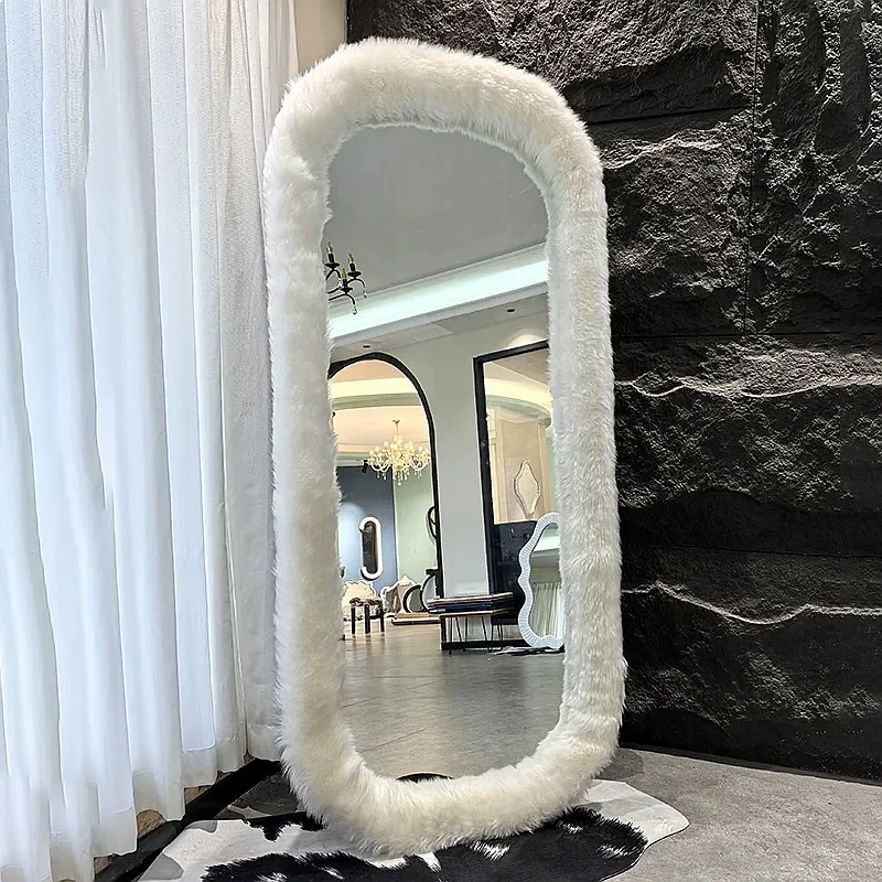 Memphis Full Length Mirror Cream Velvet Flocked Body Slimming Floor Mirror for Dressing Room