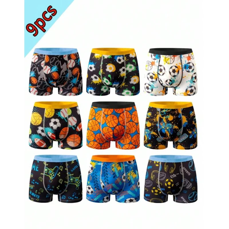 9pcsBoys' Teenage Knitted Sports Underwear with Unique Print Comfortable Skin-friendly Fabric Flat-angle Short Pants