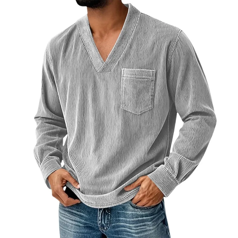 Mens Solid Color Corduroy Long Sleeve Shirt V Neck Casual Loose T Shirt Tops