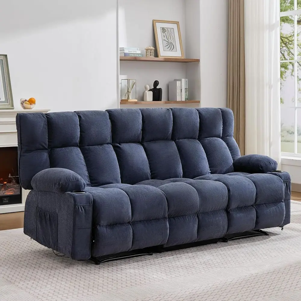 

Large 3-Seater Reclining Sofa with Cup Holders and Side Pockets, Traditional Manual Couch for Living Room, RV, Home Theater (Fab