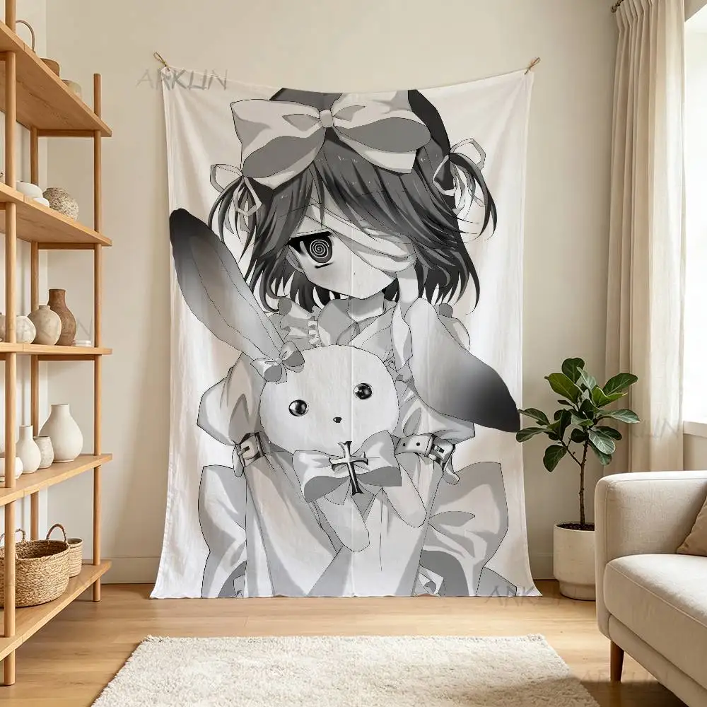 Monochrome Gothic Anime Girl Tapestry, Black White Lolita Maiden With Rabbit Doll Wall Dark Aesthetic Cloth Backdrop Decor