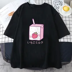 Strawberry Milk Cartoon Printing Tee-shirt Kawaii Graphic Clothing for Girls Cotton Short Sleeve Spring Tshirt Aesthetic Women