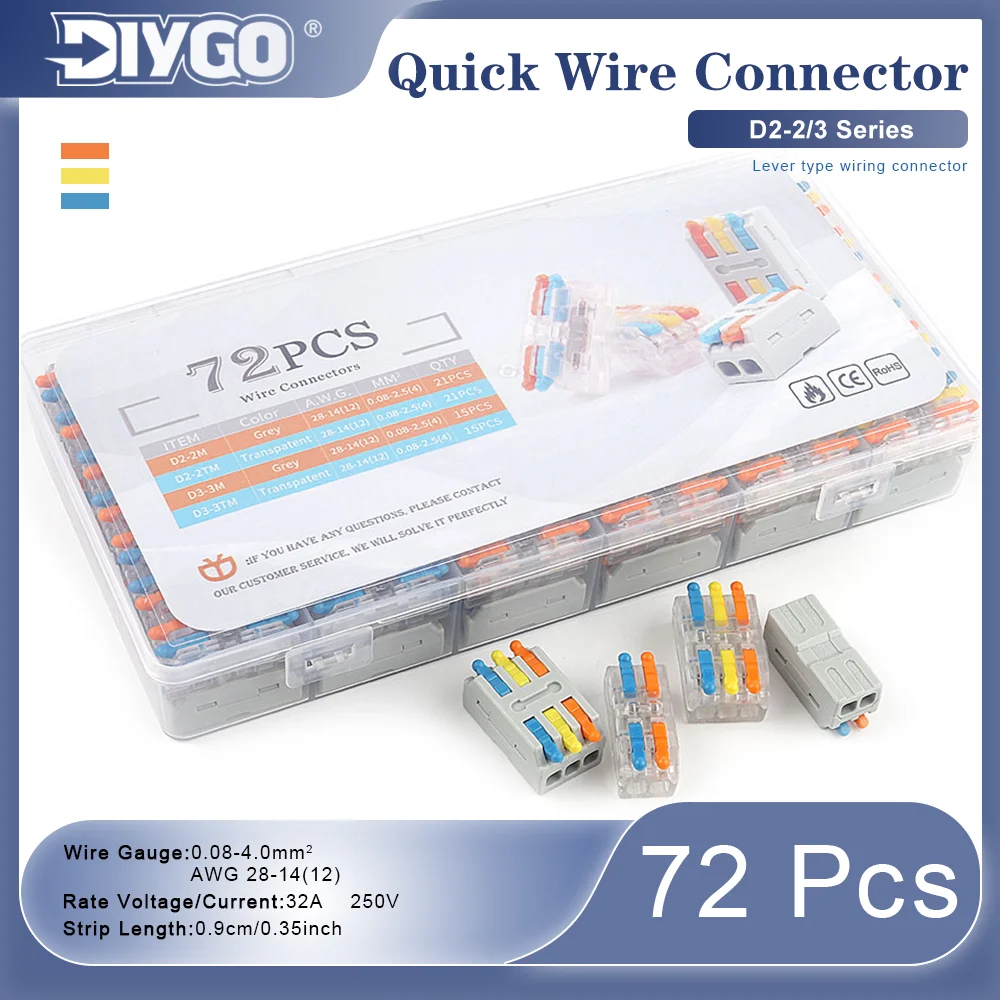 72PCS Quick Lever Wire Connectors Set 2/3 Pin Compact Terminal Block 32A 250V Electrical Splice for Solid/Stranded/Flexible Wire