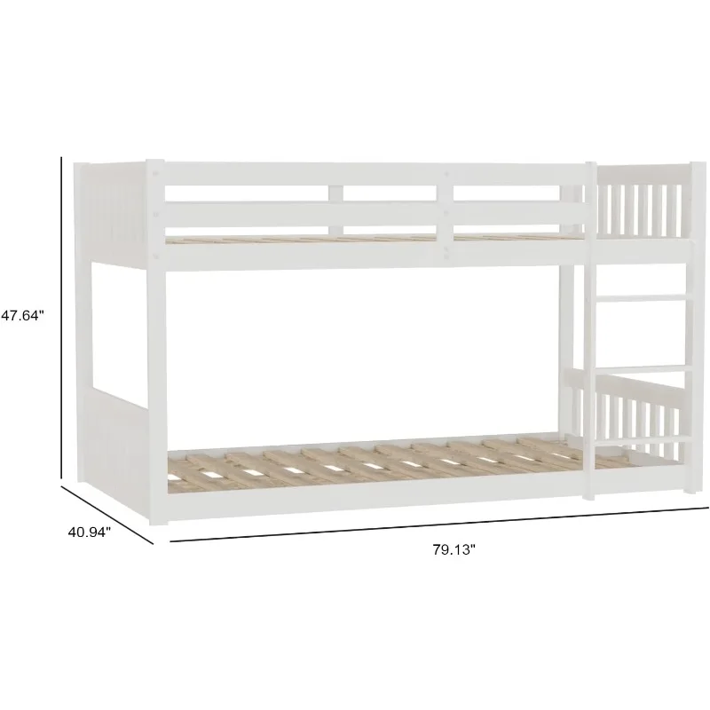 Solid Wood Low Twin Over Twin Bunk Bed for Kids/Toddlers/Junior, Bunk Bed Frame with Guardrails & Ladder for Boys Girls