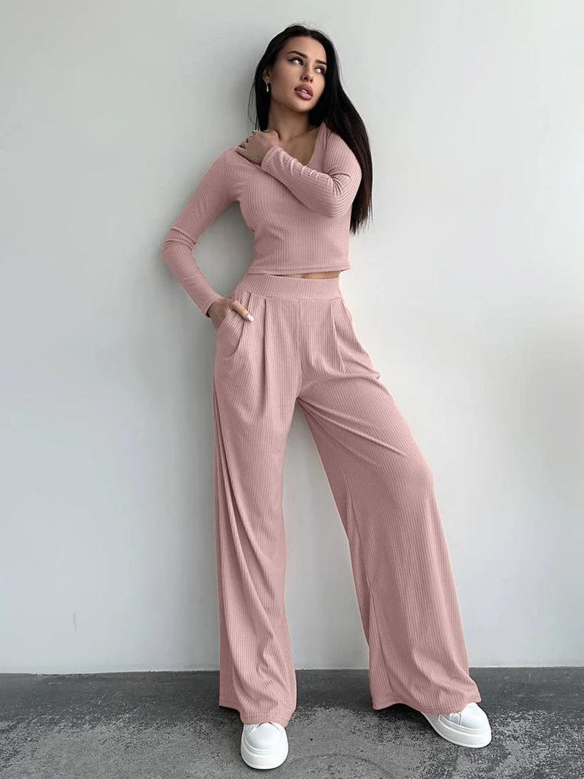 Marthaqiqi Casual Ladies Nightgowns 2 Piece Set V-Neck Pajama Long Sleeve Nightwear Crop Top Sleepwear Pants Home Clothes Female