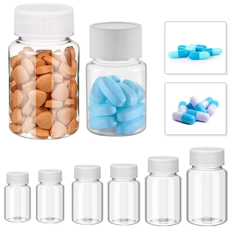 100Pcs 15/20/30/50/60/80/100ML Refillable Clear Plastic Medicine Bottles Designed for Mini Travel Pill Powder Tablet Dispensing