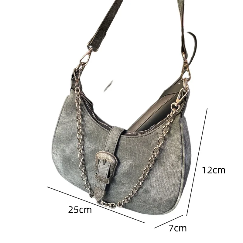 High-end Gray PU Leather Shoulder Bags for Women 2024 New Vintage Hobo Underarm Bags Simple Commuter Chain Handheld Hand Bags