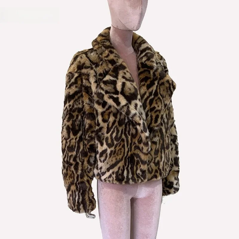 Nerazzurri Short Loose Fit Long Sleeve Women's Faux Fur Coat Leopard Print Eco-Friendly Synthetic Leather Warm Outerwear