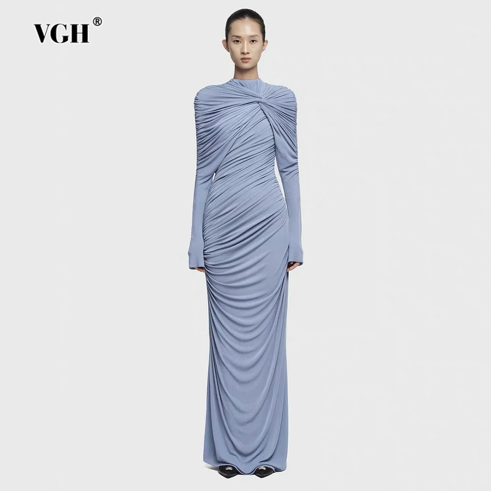 VGH Elegant Solid Spliced Folds Slimming Dresses for Women Round Neck Long Sleeve Evening Dress Female Fashion Autumn Style New