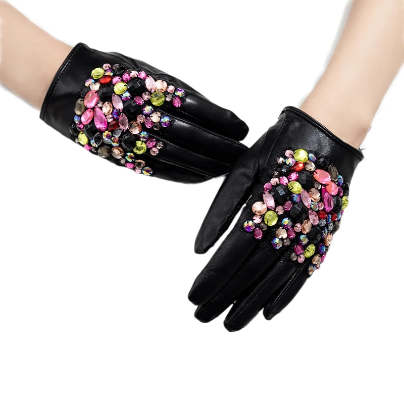 Women's Black Real Leather Gloves with Rhinestones Beaded Short Gloves Genuine Goatskin Solid Soft Touchscreen Winter Warm Glove